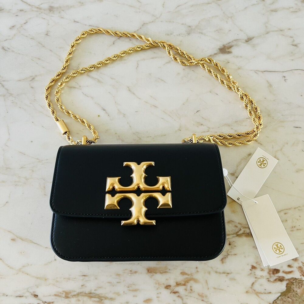 TORY BURCH Eleanor Solid Black Leather Small Convertible Crossbody Shoulder Bag